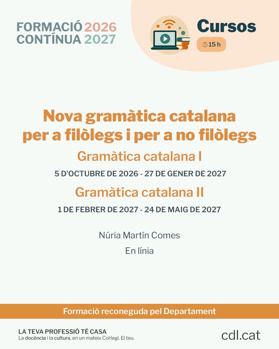 cdlcat's tweet photo. 📚 Actualitza els teus coneixements de gramàtica catalana!

👅 T’oferim dos cursos en línia de nova gramàtica catalana per a filòlegs i per a no filòlegs, a càrrec de Núria Martín Comes.

MÉS INFORMACIÓ I INSCRIPCIONS 👉 https://t.co/6PCmSAIdiG https://t.co/La27cSpuCP