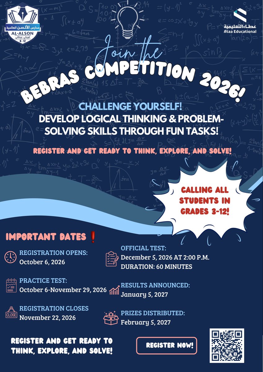 AlalsonSchool's tweet photo. 🧠✨ Join the Bebras Challenge 2026!

Calling all students in Grades 3–12! 🚀
Challenge yourself with fun tasks that boost your logical thinking &amp; problem-solving skills. 💡🔍

📅 Registration: Oct. 6 – Nov. 22, 2026

🎯 Register now
🔗 https://t.co/q1EwYg3RLz https://t.co/bxgXMAab8G