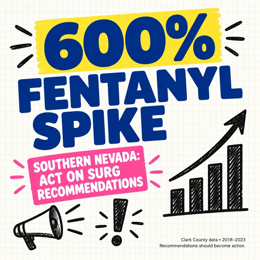 RyanForRecovery's tweet photo. Clark County: roughly 600% increase in fentanyl-related deaths, 2018–2023. Act on SURG recommendations, not just file them. Recovery happens together. 23.5 million American adults are in recovery. What should happen next? https://t.co/719mlSLQoC