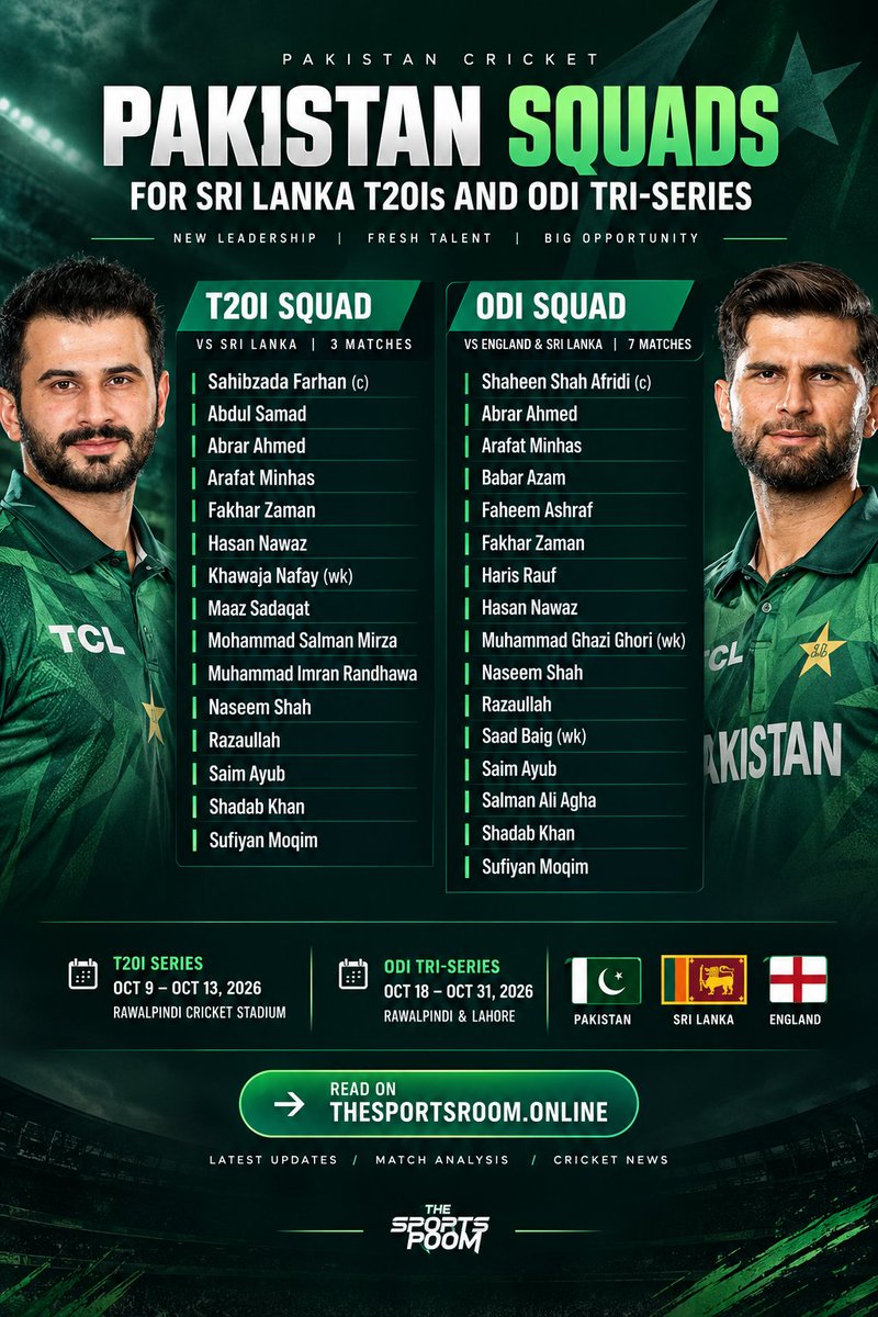 TSRVerse's tweet photo. 🇵🇰 Pakistan have announced their squads for the upcoming Sri Lanka T20I series and ODI Tri-Series .
Read the full squad details and latest Pakistan cricket updates on The Sports Room.

 #PakistanSquad #PakistanODISquad #TriSeries2026 #PakistanT20I #SriLankaCricket #EnglandCricket https://t.co/Ev13Mzzxzz