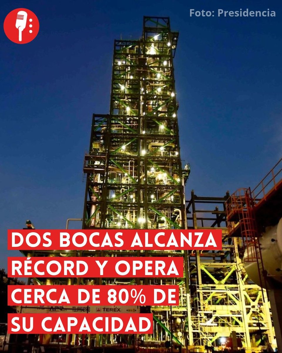 ReporterosMX_'s tweet photo. ⭕ OJO | DOS BOCAS ALCANZA RÉCORD Y OPERA CERCA DE 80% DE SU CAPACIDAD

La refinería Olmeca de Dos Bocas, ubicada en Paraíso, Tabasco, alcanzó en agosto un nuevo máximo de producción al promediar 270 mil barriles diarios de combustibles, un incremento de 7.01 por ciento frente a julio y el nivel más alto desde que inició operaciones comerciales en 2024. https://t.co/CFgHGqbh1O