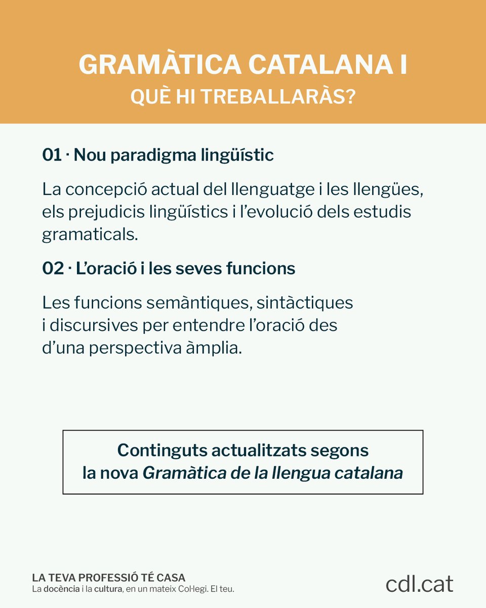 cdlcat's tweet photo. 📚 Actualitza els teus coneixements de gramàtica catalana!

👅 T’oferim dos cursos en línia de nova gramàtica catalana per a filòlegs i per a no filòlegs, a càrrec de Núria Martín Comes.

MÉS INFORMACIÓ I INSCRIPCIONS 👉 https://t.co/6PCmSAIdiG https://t.co/La27cSpuCP