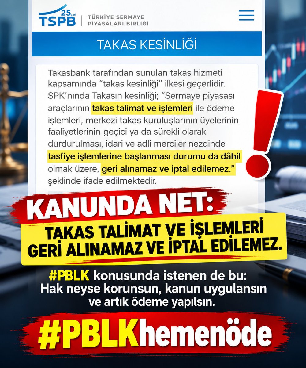 muslumfinans's tweet photo. Kanunda yazan aslında çok açık: Takas talimat ve işlemleri, tasfiye başlasa dahi geri alınamaz ve iptal edilemez.
#PBLK konusunda istenen de bu: İnsanların hakları korunsun, kanun uygulansın ve artık ödeme yapılsın.
#PBLKhemenöde @spkgovtr https://t.co/EjvlzNEqjO