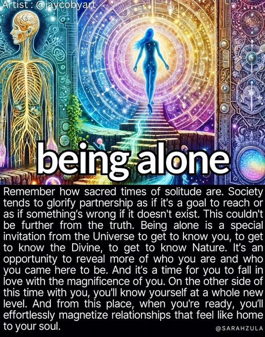 A spiritual graphic by artist @laycobyart titled 'being alone,' featuring cosmic artwork of a figure and a golden anatomical being, with text encouraging the reader to view solitude as sacred.