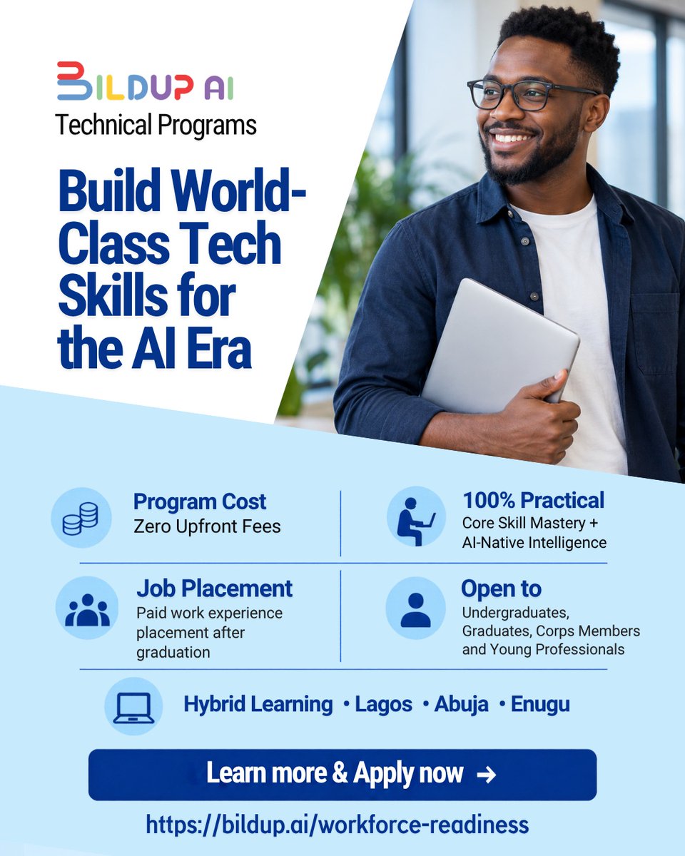BildupAI's tweet photo. Build World-Class Tech Skills for the AI Era 🚀

Applications are open for Bildup AI’s Technical Programs.

Real projects. AI-native intelligence. Zero upfront fees.

Explore the programme &amp; apply:
https://t.co/Ehu41RrEZG

#BildupAI #TechCareers https://t.co/rQqXhNrEjB