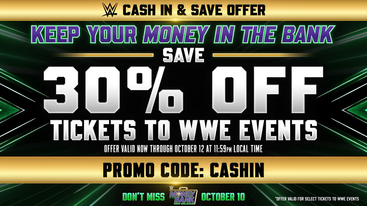 savemartcenter's tweet photo. KEEP YOUR MONEY IN THE BANK! 💰

WWE RAW is coming to the Save Mart Center October 26th and we've got 30% OFF select seats!

Use code CASHIN to unlock the offer. Offer ends October 12th!

🎟️ Don't miss out! https://t.co/ANZsWSYema

#WWERAW #SaveMartCenter #SMCRocks https://t.co/jZDQeQE0oP