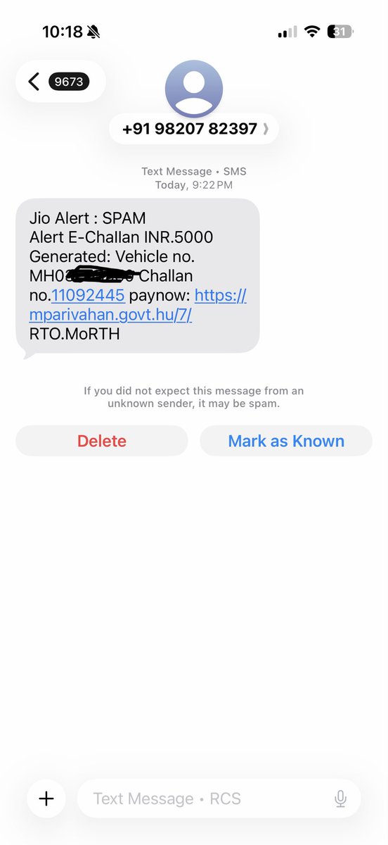 ASHiSH_G26's tweet photo. @MumbaiPolice @MTPHereToHelp @MahaCyber1 
Hello Team,
I got the spam SMS from this phone number +91 98207 82397 regarding vehicle e-challan of Rs.5000. Kindly take action against this person he might be sending such fraud messages to number of people. PFA https://t.co/VTQtKqCPUh