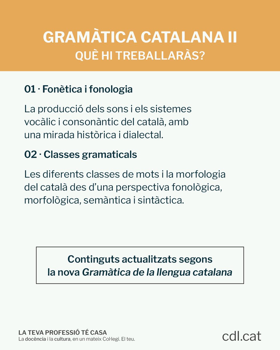 cdlcat's tweet photo. 📚 Actualitza els teus coneixements de gramàtica catalana!

👅 T’oferim dos cursos en línia de nova gramàtica catalana per a filòlegs i per a no filòlegs, a càrrec de Núria Martín Comes.

MÉS INFORMACIÓ I INSCRIPCIONS 👉 https://t.co/6PCmSAIdiG https://t.co/La27cSpuCP