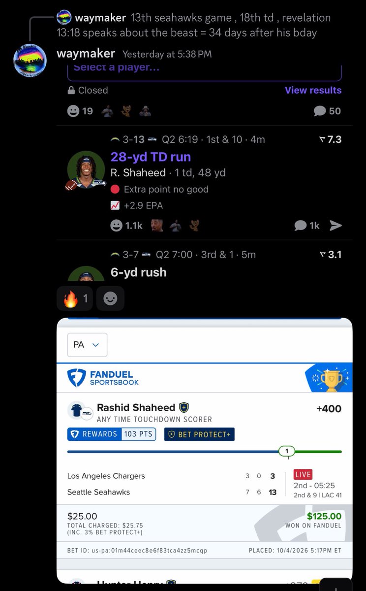 waymakerlil's tweet photo. Shaheed plays 13th SEA game &amp; gets 18th TD 
Revelation 13:18 speaks on the Beast = 88 , 34 days after his bday w/ 88 days left ⛪️📖
#Gematria #NFL #seahawks https://t.co/P5B66Ehk5t