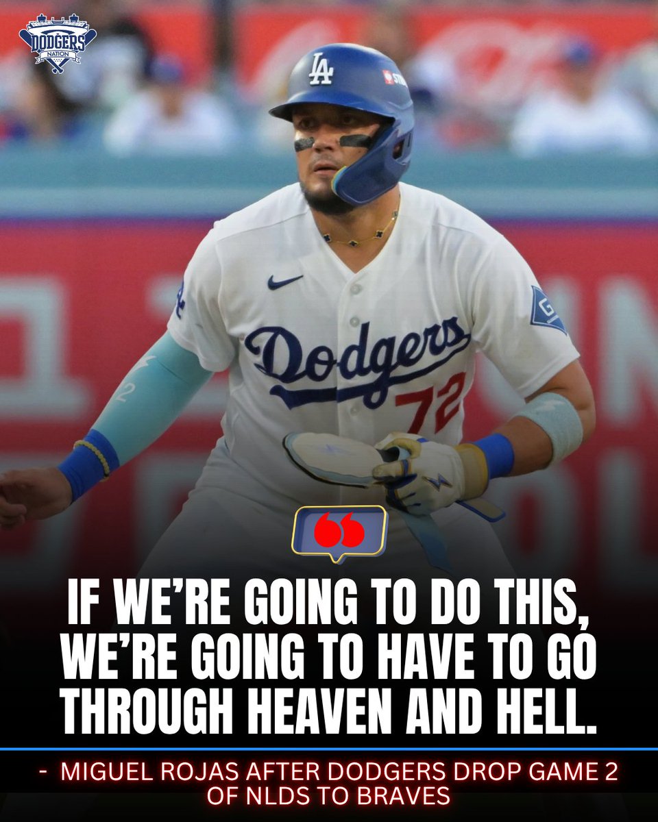 DodgersNation's tweet photo. The Dodgers' loss on Sunday, in a bullpen game for the Braves, was a brutal reminder that nothing is guaranteed in October baseball— experience, talent and payroll included. 

Miguel Rojas' message was simple 🙏 https://t.co/kZFGL3ywwn