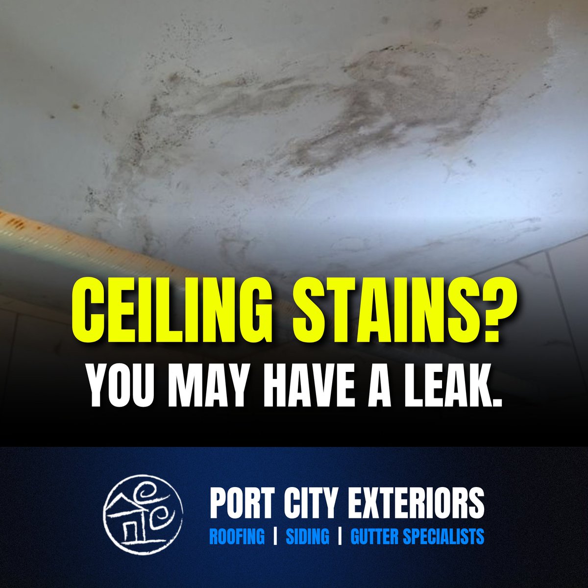 PortCityExt's tweet photo. CEILING STAINS? YOU MAY HAVE A LEAK.

A stain could mean water is getting in, but the source may be somewhere else. Have your roof checked before the damage spreads.

🏠 Port City Exteriors
🌐 https://t.co/0oTncE5XRV
📲 231-900-1300 https://t.co/Pd6yhdlpbk