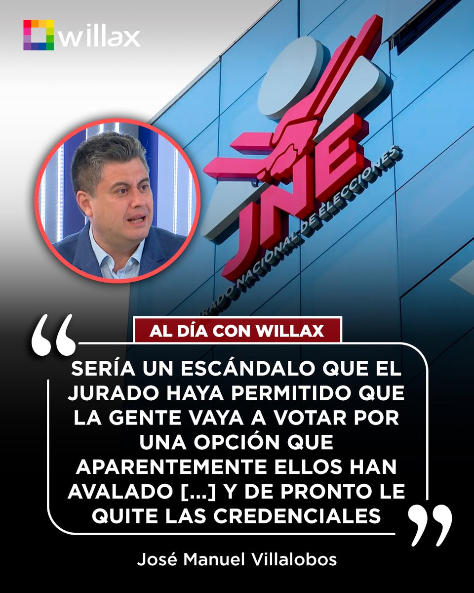 willaxtv's tweet photo. Si el Jurado Electoral avaló la inscripción y la campaña, retirar credenciales tras el escrutinio vulneraría la voluntad popular y sería un escándalo, afirmó Villalobos.

#AlDíaConWillax #JNE #elecciones #credenciales https://t.co/4J3FQwS4RX