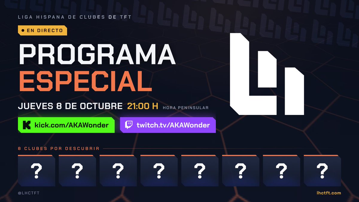 LHCTFT's tweet photo. Prepárate para el programa especial del jueves, 8 de octubre. Te dejamos un avance de lo que se avecina...

🎮Roster &amp; web reveal
🎫Sorteo de enfrentamientos
📆Calendario completo

¿Dónde? Canal de Twitch/Kick de AKAWonder
¿Hora? A las 21:00 h.

Aconsejamos palomitas 🍿👀 https://t.co/lb5YYjpWkG