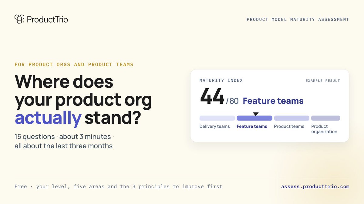 OlekUzn's tweet photo. If you run a product org or a product team: 15 questions, 3 minutes, all about the last 3 months.

You get a Maturity Index (20 to 80), your level, your 5 areas &amp; 3 principles to improve first. Free.

https://t.co/5tslxjzsRQ https://t.co/tfbghc3ANd