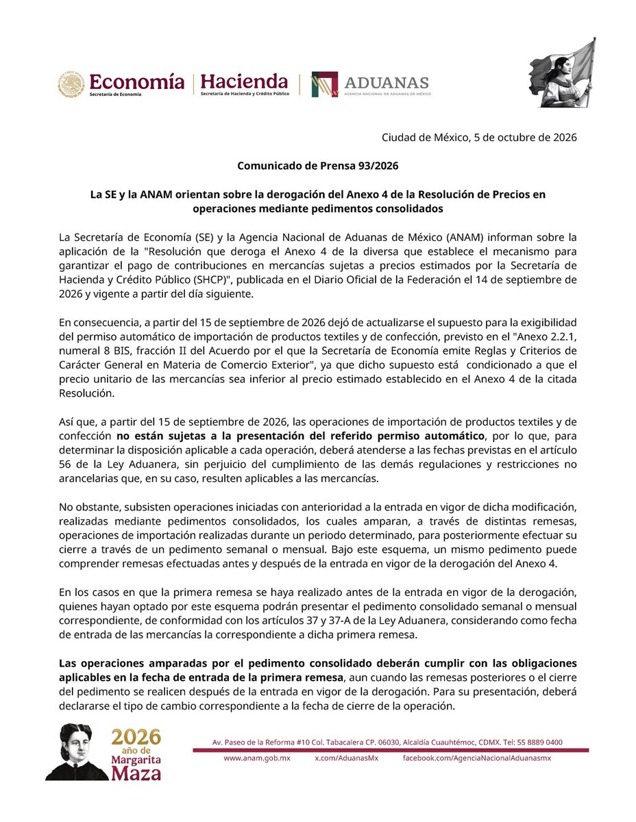 AduanasMx's tweet photo. La ANAM y @SE_mx informan sobre la aplicación de la “Resolución que deroga el Anexo 4 de la diversa que establece el mecanismo para garantizar el pago de contribuciones en mercancías sujetas a precios estimados”, en operaciones realizadas mediante pedimentos consolidados. 

Consulta las disposiciones aplicables: https://t.co/Ub4ENZ4gj5
