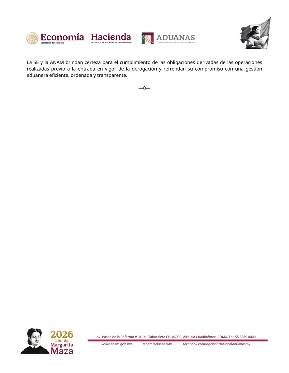 AduanasMx's tweet photo. La ANAM y @SE_mx informan sobre la aplicación de la “Resolución que deroga el Anexo 4 de la diversa que establece el mecanismo para garantizar el pago de contribuciones en mercancías sujetas a precios estimados”, en operaciones realizadas mediante pedimentos consolidados. 

Consulta las disposiciones aplicables: https://t.co/Ub4ENZ4gj5