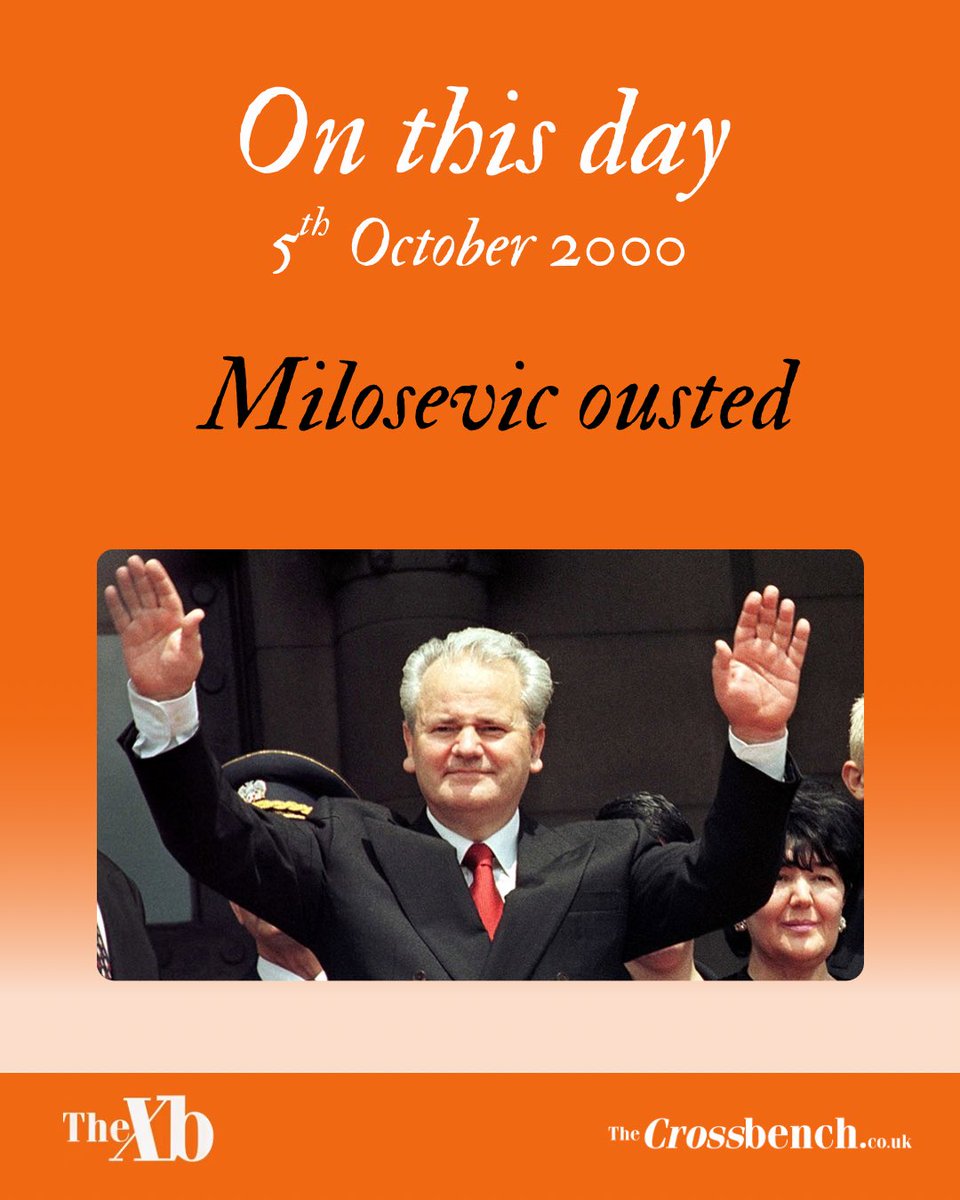 The_Crossbench's tweet photo. ON THIS DAY

26 years ago today, Yugoslavian dictator Slobodan Milosevic’s regime is on the cusp of falling.

Opposition candidate Vojislav Koštunica is victorious in the election, but Milosevic refuses to accept the outcome and pushes for a 2nd round of voting.

Opposition groups call for a general strike and mass mobilisation. On 5th October, hundreds of thousands march on Belgrade from all across Serbia.

The Federal Parliament was occupied. State TV and radio was seized. Police resistance collapsed as a bulldozer pulled up to ram through the front of the RTS building.

2 days later, Milosevic stepped down. His reign of terror was finally over.

His legacy?

⚪️ 104,732 killed in the Bosnian War.
⚪️ > 8000 Bosniaks murdered systematically in a legally recognised genocide.
⚪️800,000 Kosovan Albanians expelled in 1999.
⚪️ 10,000 killed in the Kosovo War.
⚪️ 14,000 killed in the Sarajevo War.
⚪️ 2.2 million displaced from Bosnia.

One of history’s most evil dictators. In Europe. In the 1990s. 

His story is shocking from start to finish.