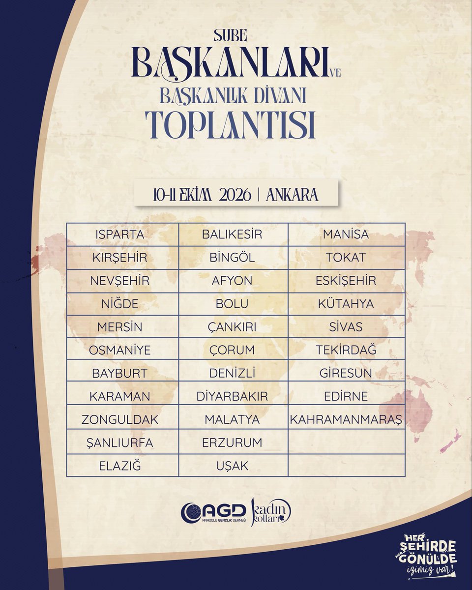 agdkadin's tweet photo. Her şehirde, her gönülde izimiz var! 💙

AGD Kadın Kolları olarak Şube Başkanları ve Başkanlık Divanı Toplantımızda bir araya geliyoruz.

🗓️10–11 Ekim 2026

📍 Ankara

Birlikte istişare ediyor, çalışmalarımızı değerlendiriyor ve yol haritamızı hep birlikte şekillendiriyoruz. https://t.co/CA2KPm9Mya