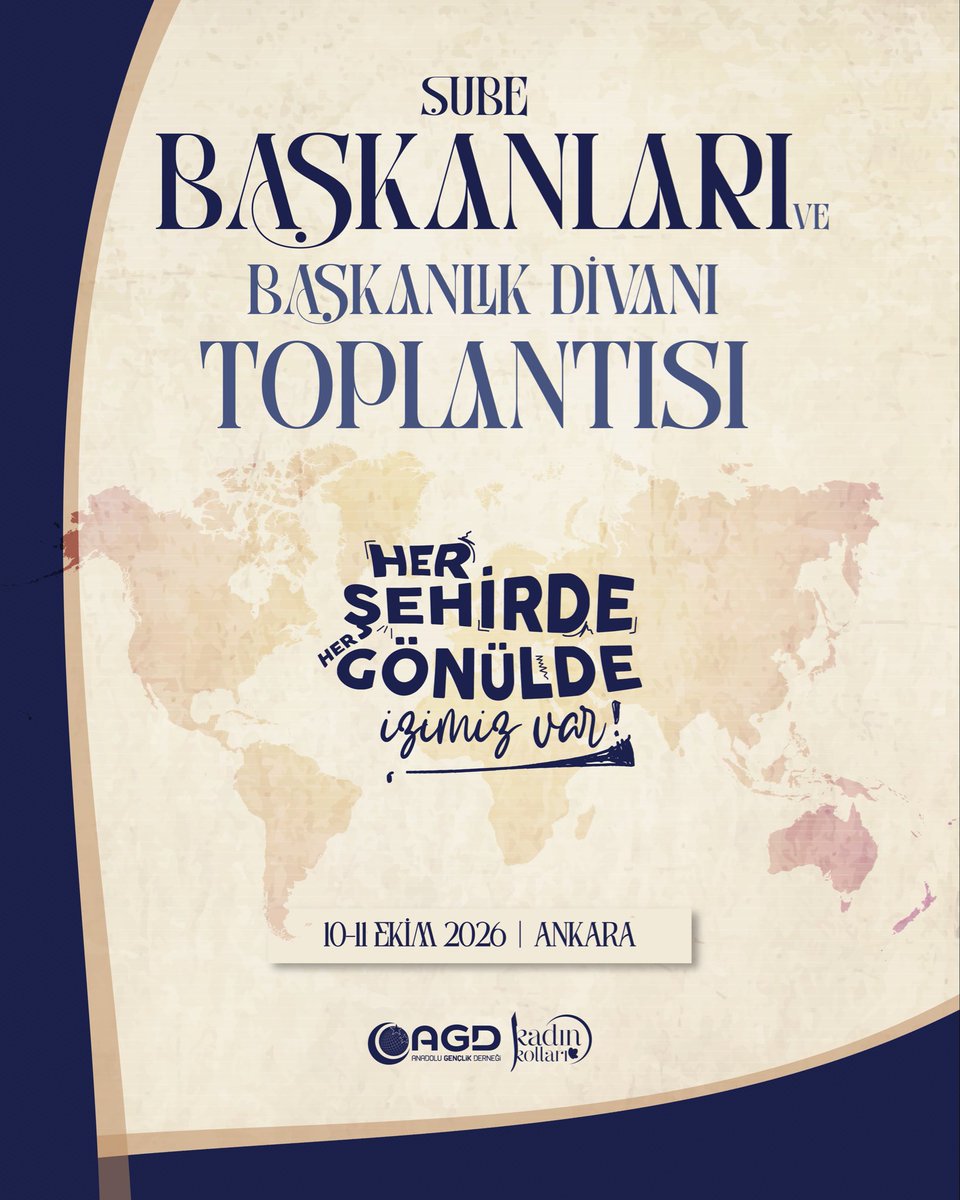 agdkadin's tweet photo. Her şehirde, her gönülde izimiz var! 💙

AGD Kadın Kolları olarak Şube Başkanları ve Başkanlık Divanı Toplantımızda bir araya geliyoruz.

🗓️10–11 Ekim 2026

📍 Ankara

Birlikte istişare ediyor, çalışmalarımızı değerlendiriyor ve yol haritamızı hep birlikte şekillendiriyoruz. https://t.co/CA2KPm9Mya