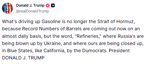 GuntherEagleman's tweet photo. CALIFORNIA DEMOCRATS ARE SHUTTING DOWN THEIR OWN REFINERIES AND WONDERING WHY GAS COSTS SO MUCH.

The oil is flowing again, but you can't fill a tank with crude. 

Refineries in California are closing under Democrat regulations, and families pay the price at the pump while the politicians who caused it blame everyone else.
