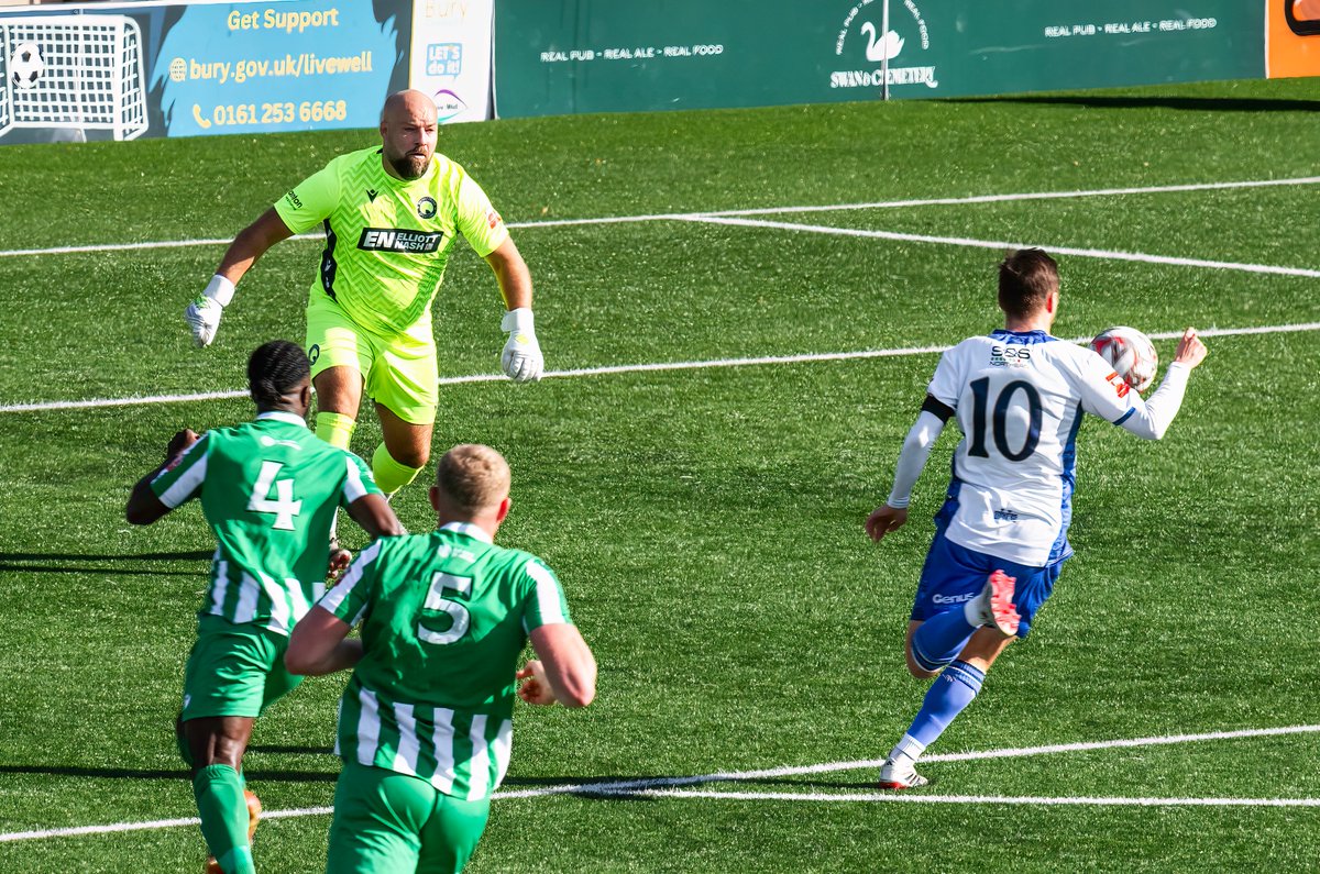 GomboczSteve's tweet photo. Player action photos taken during the game between Bury v Bromsgrove Sporting on 3/10/26. One photo taken just before No 10 George Glendon's goal, a well taken goal. @buryfcofficial #bfc140 #shaker #BuryFC #PartOfit @whitebluearmy https://t.co/P606BDBk9Q