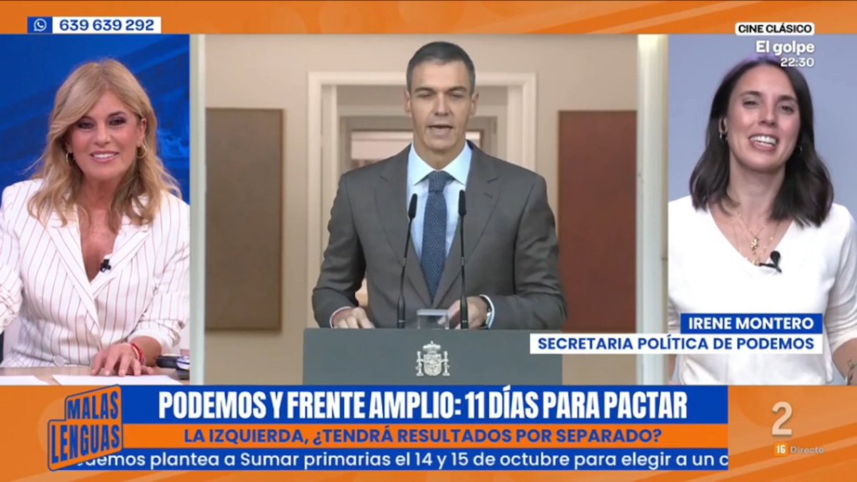 A split-screen broadcast from Spanish channel La 2 shows a news anchor on the left, Spanish PM Pedro Sánchez speaking at a podium in the center, and Podemos political secretary Irene Montero on the right, with a chyron reading 'PODEMOS Y FRENTE AMPLIO: 11 DÍAS PARA PACTAR' and 'LA IZQUIERDA, ¿TENDRÁ RESULTADOS POR SEPARADO?'.