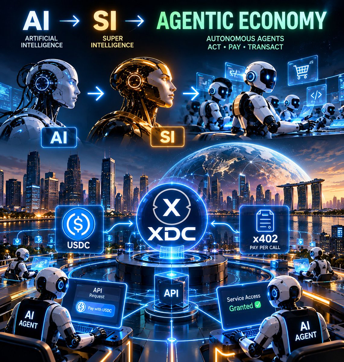 0xSynapse0's tweet photo. AI → SI → Agentic Economy. 
@XDCNetwork is building the rails for agents that can act, pay and transact using USDC + x402.

The next evolution is already underway. 

#XDC #XDCAI #XDCSI #AI #x402 #Web3 https://t.co/44nmchNQvf