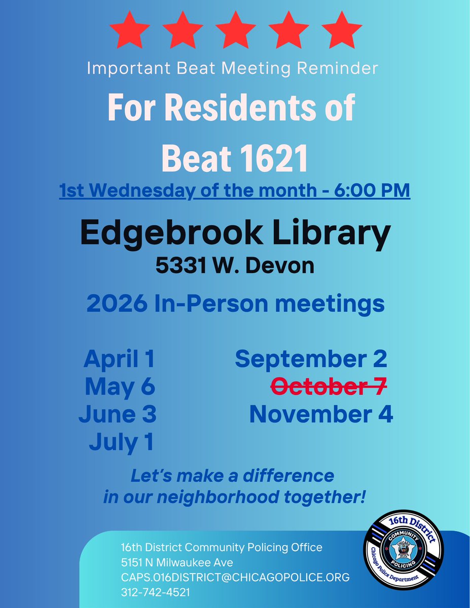 chicagocaps016's tweet photo. Residents of Beat 1621. We would like to remind you that this week's beat meeting for 1621 will be cancelled due to the Community Conversation taking place the same evening. We would love it if you can join us for the Community Conversation. Please see attached flyer for details. https://t.co/GZwShQtI1S