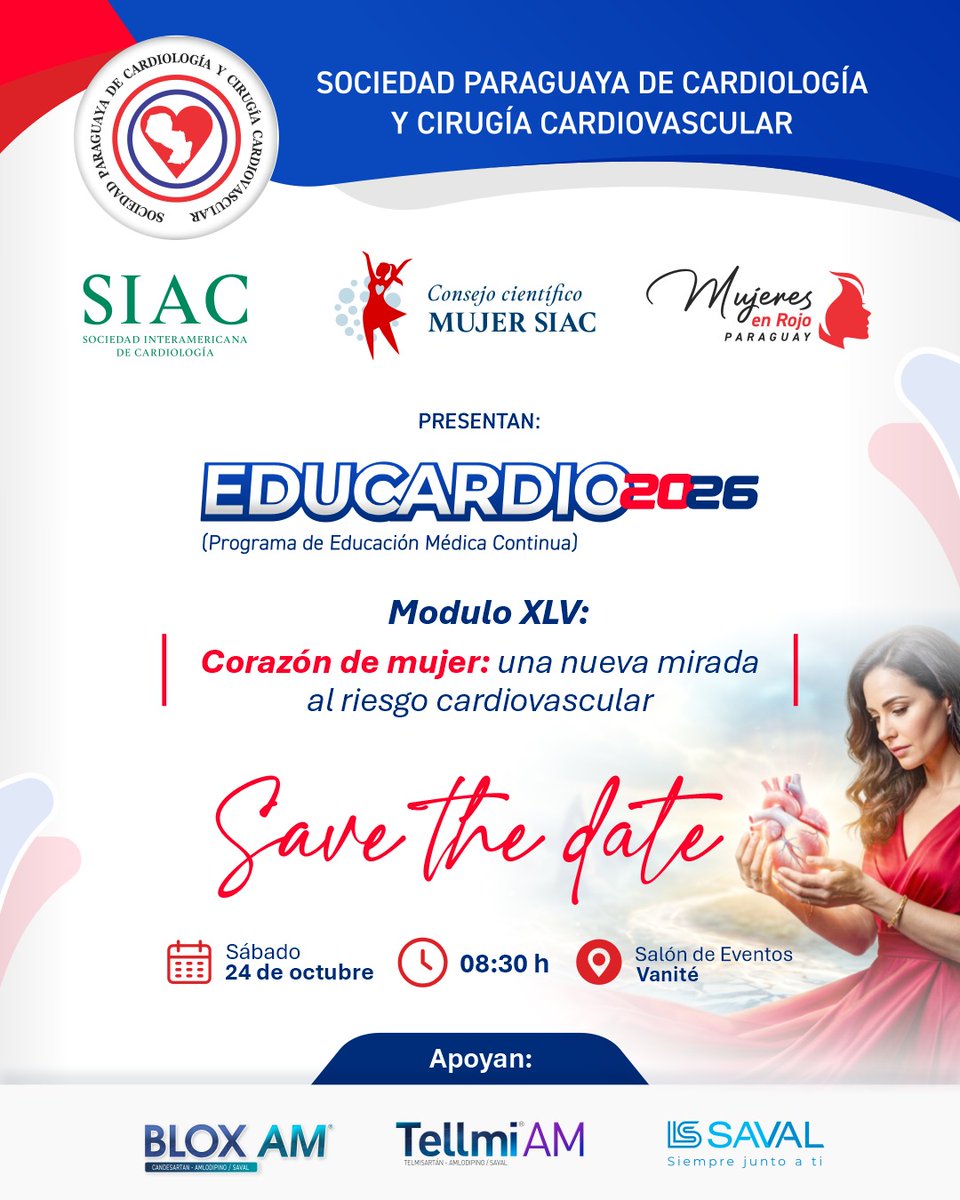 SPCyCC's tweet photo. 🫀 EDUCARDIO 2026 🫀

✅ Módulo XLV: Corazón de mujer: una nueva mirada al riesgo cardiovascular 🌸

📅 Sábado 24 de octubre
⏰ 08:30 h
📍 Salón de Eventos Vanité

✨ ¡Agendá la fecha y acompañanos!

Consultas al 0986 393 991 📲 https://t.co/ZTkHRvpRXU