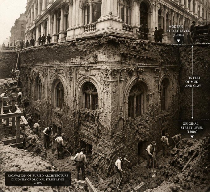 WikiLeaksQ's tweet photo. THE EVIDENCE IS BENEATH YOUR FEET. THE MUD FLOOD IS REAL.

Walk down the historic downtown of any major city in America. Boston, New York, Chicago, Seattle. Look closely at the ground level. 

You will see windows that start at your ankles. Doors that lead directly into the dirt. Ornate architectural masonry completely swallowed by the concrete sidewalk. 

The mainstream historians laugh and call it "architectural settling" or "drainage adjustments." 

Really? Do 100-ton solid stone foundations casually sink 15 feet into the earth perfectly level, without cracking a single window pane? Modern skyscrapers with supercomputers don't "settle" like that.

It wasn't settling. It was the Mud Flood. 

A cataclysmic, weaponized event that occurred just 200 years ago, burying the first floors of the global Tartarian civilization under millions of tons of liquefied soil. 

The new settlers arrived after the mud dried. They couldn't excavate the massive structures, so they simply built new sidewalks at the new ground level, turned the original first floors into "basements," and rewrote the blueprints. 

The evidence isn't hidden in secret archives. It’s right there when you walk to work. They just trained your eyes to look away. 

Wake up. The lower levels are screaming the truth.

👉 Forward this to the biggest skeptic you know. Let them explain the basement windows.