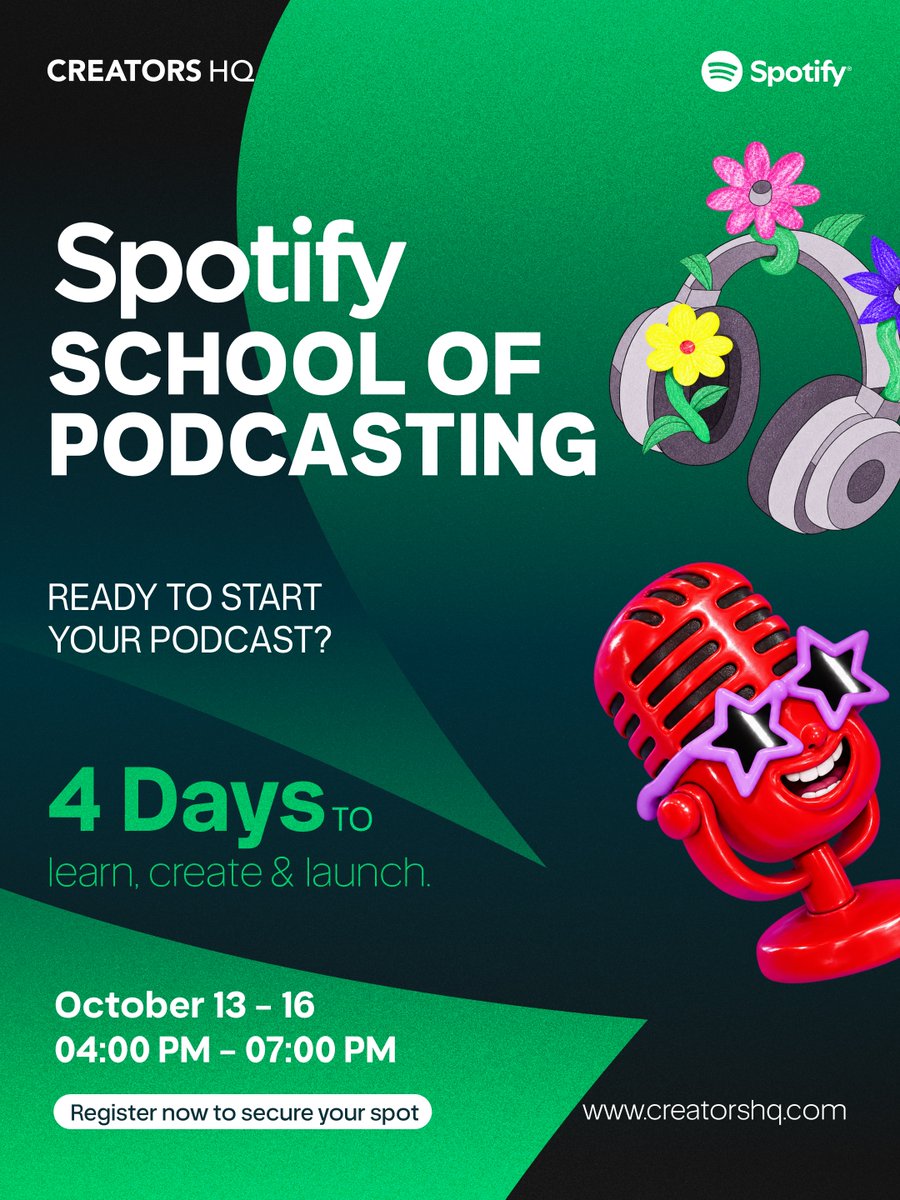 CreatorsHQ's tweet photo. Ready to start your podcast? 🎙️🎧
Join the Spotify Podcast Creator Academy at Creators HQ for 4 days of hands-on workshops, expert insights, and live production sessions designed to help you launch, grow, and monetize your podcast.

📅 13 - 16 October
⏰ 4:00 PM - 7:00 PM

Register now!
https://t.co/JVw07FUMmu