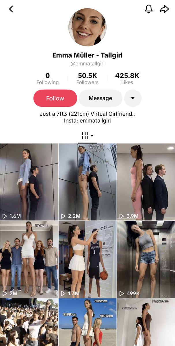 k4zxbt's tweet photo. is it f*cking ok?

this 7ft AI girl made with ChatGPT got 3.9M views and $9,932 on one tiktok clip

> generate a 7ft girl character with ChatGPT
> pick a plain wall and a regular 6ft guy
> swap her in with Seedance 2.5 and stamp fake heights on screen
> caption it like a question, "can a woman be taller than the man?"

50K followers on a "virtual girlfriend" who says it right in her bio

the next one is probably 8ft