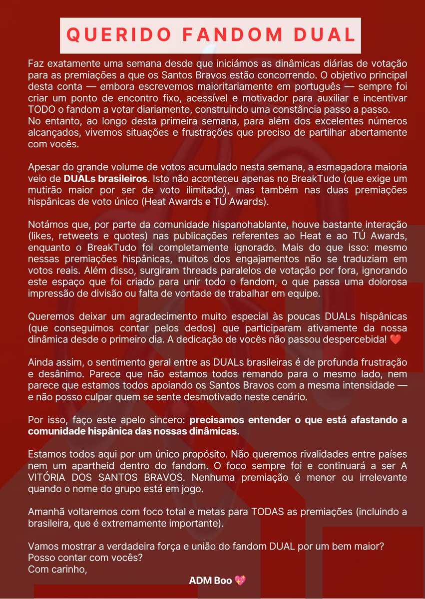 votacaostbv's tweet photo. 💬 COMUNICADO OFICIAL DUAL: Uma reflexão sobre a nossa primeira semana de votações.

Precisamos de conversar sobre a união do nosso fandom e o apoio aos Santos Bravos em TODAS as premiações.

Por favor, leiam o texto completo abaixo. Contamos com vocês! ❤️👇 https://t.co/aqpfEJsXZt