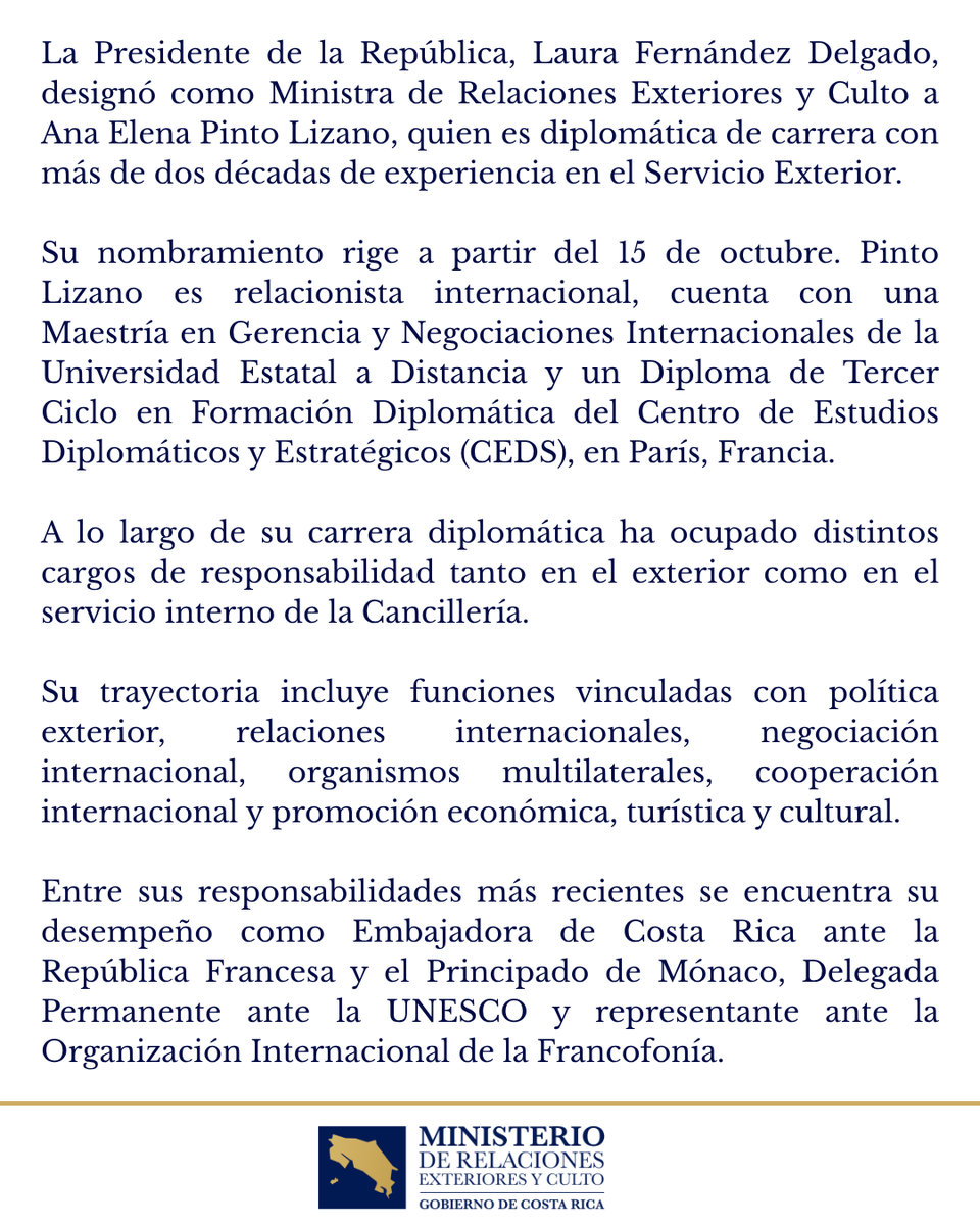CRcancilleria's tweet photo. La Embajadora de Carrera, Ana Elena Pinto Lizano, ha sido designada por la Presidente Laura Fernández como la nueva Ministra de Relaciones Exteriores y Culto de Costa Rica 🇨🇷.
📎Más información: https://t.co/KvFHcfoeLD... https://t.co/Jj3UXJN1YY