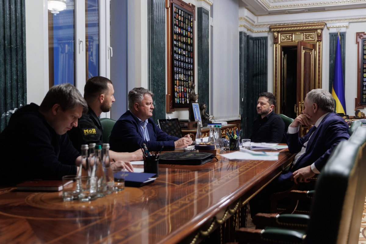 ZelenskyyUa's tweet photo. I held a meeting with the team of the Ministry of Defense of Ukraine and the diplomatic team of the Office on the schedule for weapons deliveries from partners. The agreements are absolutely clear, and every day, at the political level with leaders, we are adding new ones. This concerns munitions for combat aviation – for our F-16s, additional funding for the production of various types of drones and missiles, and our joint production projects with Europeans. I expect the implementation timelines for every agreement to be met. Separately, together with Yevhenii Khmara and Mykhailo Drapatyi, I discussed the execution of our long-range operations. New tasks regarding our long-range capabilities have also been defined. Glory to Ukraine!