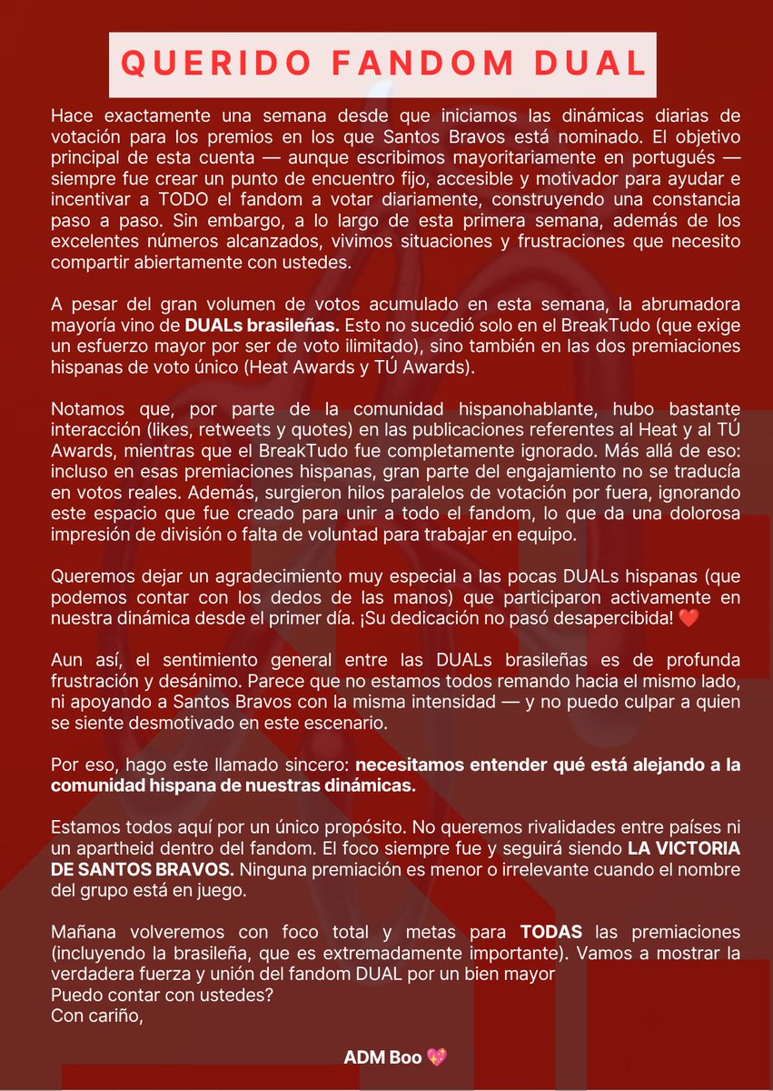 votacaostbv's tweet photo. 💬 COMUNICADO OFICIAL DUAL: Uma reflexão sobre a nossa primeira semana de votações.

Precisamos de conversar sobre a união do nosso fandom e o apoio aos Santos Bravos em TODAS as premiações.

Por favor, leiam o texto completo abaixo. Contamos com vocês! ❤️👇 https://t.co/aqpfEJsXZt