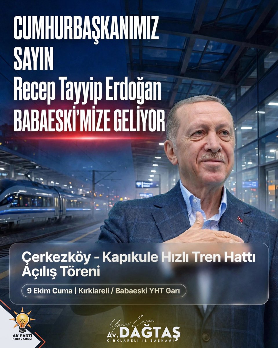 yunusercan39's tweet photo. Babaeski’de tarihi gün!

Türkiye’nin ulaşım altyapısında önemli bir projede daha sona gelindi. Çerkezköy–Kapıkule Hızlı Tren Hattı, Cumhurbaşkanımız Sayın Recep Tayyip Erdoğan’ın katılımıyla gerçekleştirilecek açılış töreniyle hizmete giriyor.

Büyük projeler, güçlü ulaşım ağları ve Türkiye’nin geleceğine uzanan yeni bir hat…

 🗓️9 Ekim 2026 Cuma 
📍Kırklareli/ Babaeski YHT Garı