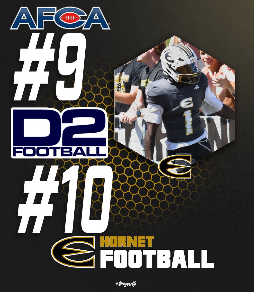 ESUSports's tweet photo. Up to #⃣9⃣ in this week's @WeAreAFCA National Poll for @esuhornetsfb while staying at #10 in the @D2Football Poll. #StingersUp #UNIT https://t.co/Dem48Cmxs4
