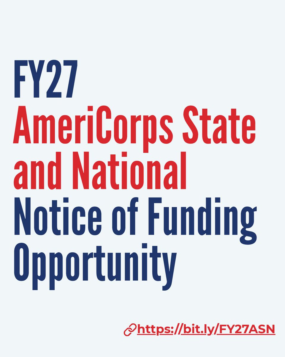 statecommission's tweet photo. ✨FUNDING OPPORTUNITY✨ The Notice of Funding Opportunity is now available for AmeriCorps State and National (ASN) applicants.  

✏️ DEADLINE: Wednesday, January 13, 2027, at 5:00 p.m. ET deadline. 

🔗 https://t.co/EdEthPljpK

#AmeriCorps #GettingThingsDone https://t.co/fKKYaaVUlh