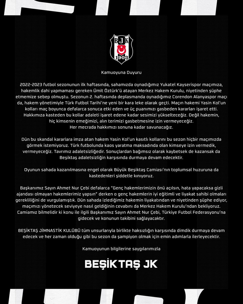 Avfattas's tweet photo. Beşiktaş’ın 15 Ağustos 2022 tarihinde Yasin Kol yönetimine karşı yaptığı açıklama aşağıda.

Bu açıklamadan sonra Beşiktaş yönetimi ceza aldı, DÖNEMİN TFF BAŞKANI MASAYA VURA VURA BEŞİKTAŞ BAŞKANINA SÖZDE “HAD BİLDİRDİ”

Çıksın o TFF başkanı, şimdi konuşsun, neydi o celalin? https://t.co/XfOroSVODZ