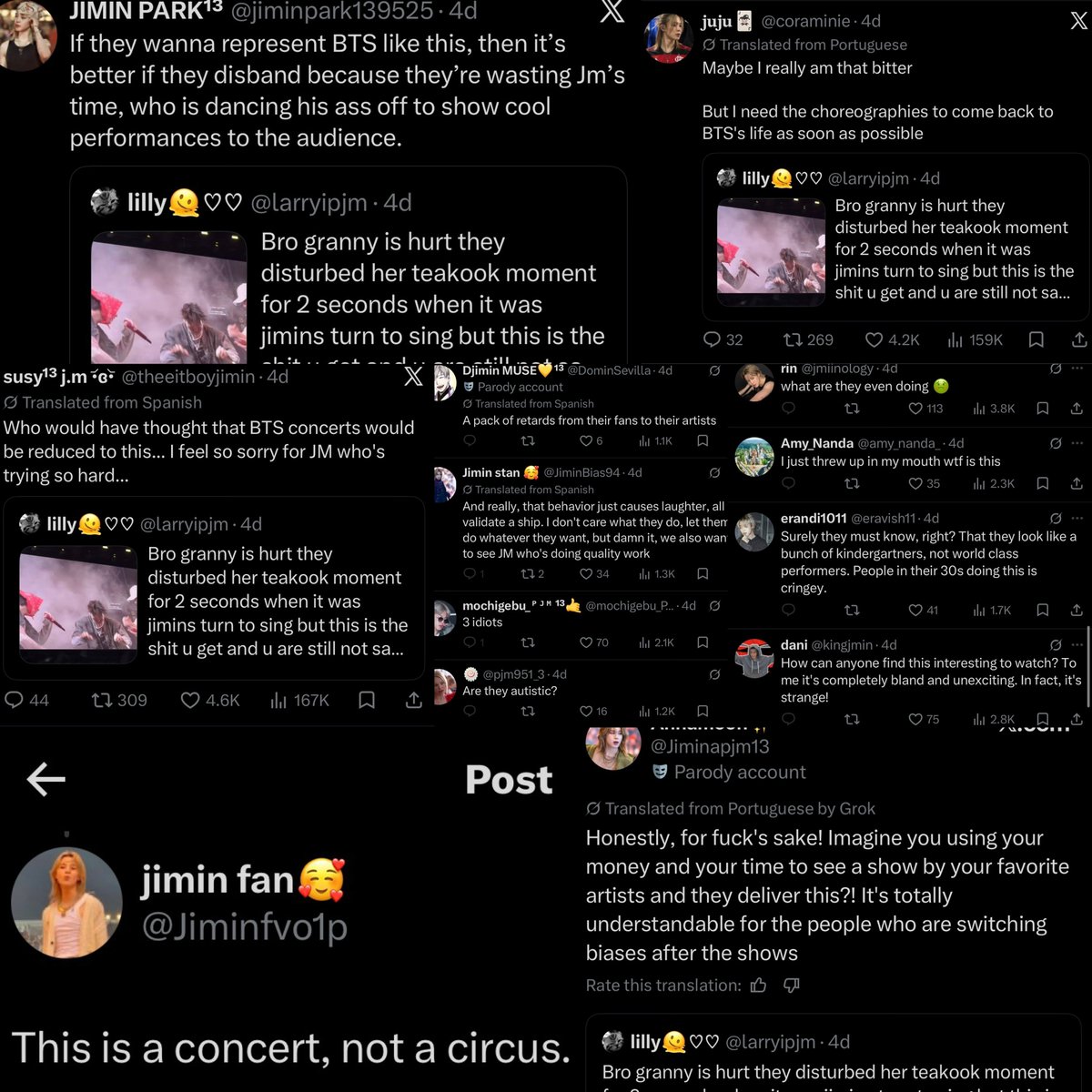 vluesie's tweet photo. @PHO_Angelo @tokyodarling92 ah mentally ill boy mom armys finally showed up, tbh jimin isn't dragged enough for the way pjms have been hating on taejinkook simply for enjoying their stage https://t.co/dfvwXxFVJ2