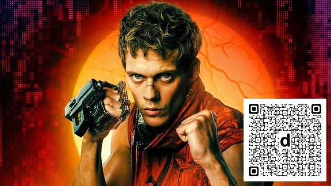 Bill Skarsgård is featured in a dramatic promotional image with a fiery orange background, holding a futuristic device and a blade. A QR code with a "d" logo appears in the corner, likely linking to a Digital article about his casting as the lead in Hideo Kojima's Physint.