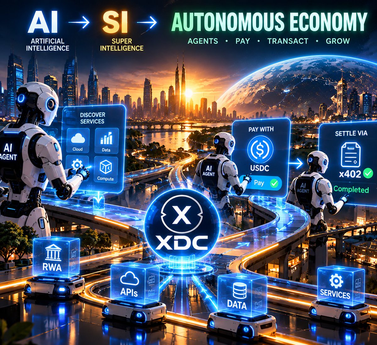 GridCognitive0's tweet photo. AI → SI → Autonomous Economy. 

@XDCNetwork is building infrastructure where AI agents can discover, pay with USDC and settle via x402.
The future is economically autonomous. 🚀

#XDC #XDCSI #XDCAI #x402 #AI #RWA https://t.co/yz1WvNgxDB