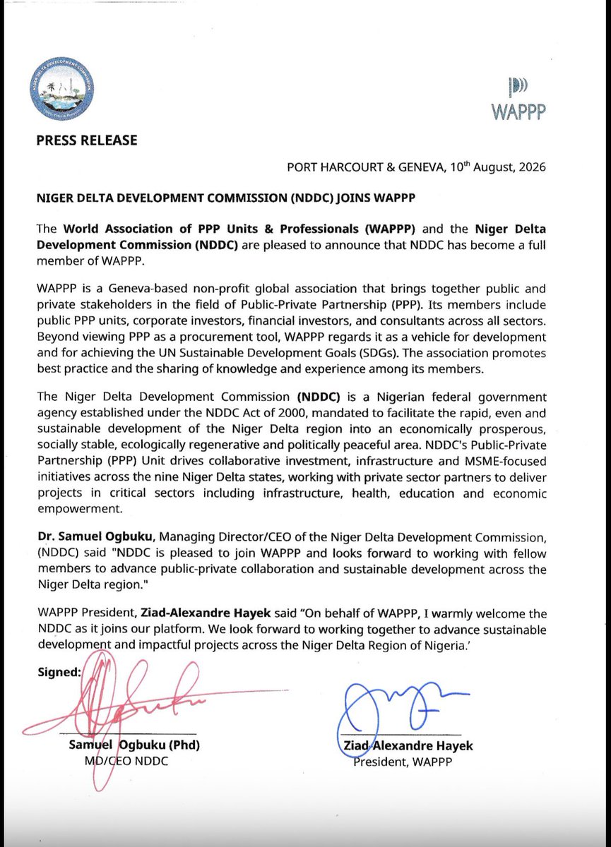 NDDCOnline's tweet photo. The Niger Delta Development Commission (NDDC) has joined the World Association of PPP Units & Professionals (WAPPP) as a full member, strengthening its drive for public-private collaborations, investments and sustainable development across the Niger Delta.

This is one of the many transitions from Transactions to Transformations

NDDC... Making a Difference.

#TellingOurStory
#Beyond25
#MakingADifference
#Transition2Transformation