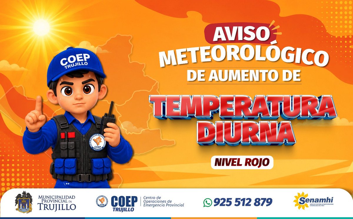 coeptrujillo_'s tweet photo. 🌡️ #COEPInforma | Aviso Meteorológico N° 400-2026
Del martes 6 al viernes 9 de octubre, continuará el incremento de la temperatura diurna en la costa.
📍 Provincia de Trujillo: se prevén temperaturas máximas de 27 °C a 29 °C, además de escasa nubosidad al mediodía, https://t.co/mzfNbAlflx
