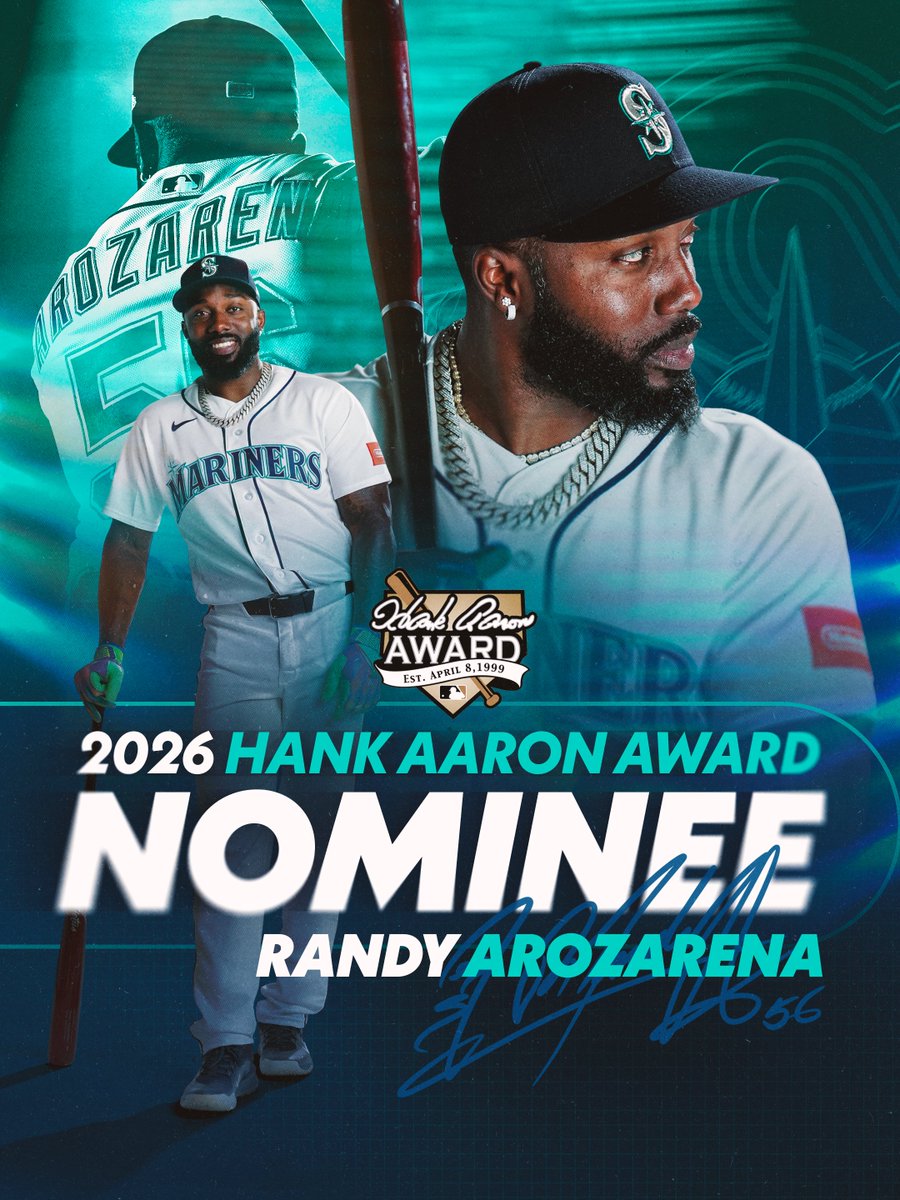 Mariners's tweet photo. Congrats to @RandyArozarena on being named a 2026 Hank Aaron Award Finalist 🙌 #TridentsUp

Cast your ballot for RAAAAANDY 👉 https://t.co/VlLjMl4zMy https://t.co/SYHqkdq0hv