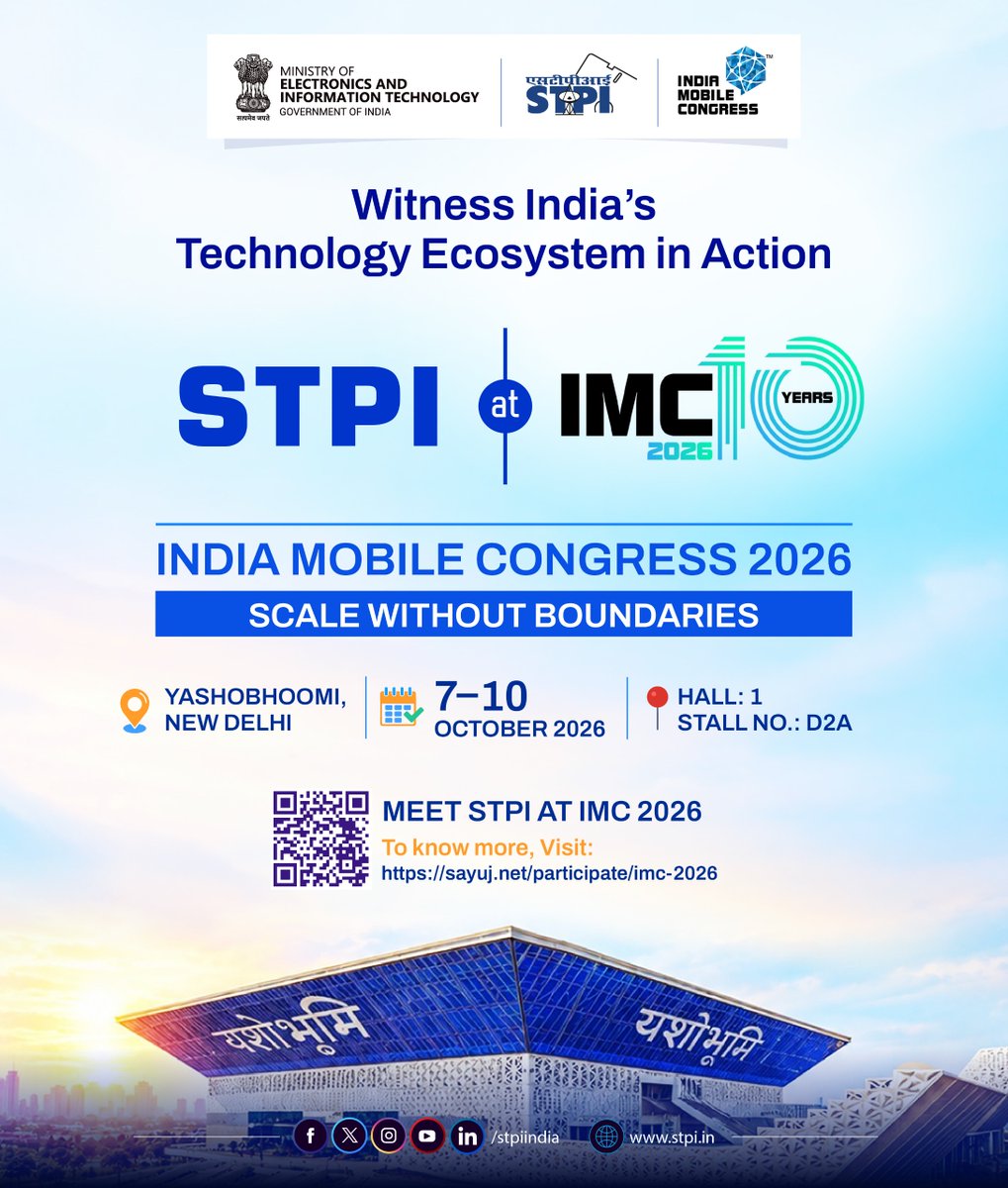stpiindia's tweet photo. STPI at India Mobile Congress 2026 | New Delhi

Visit STPI at IMC 2026 to discover innovative solutions from STPI-nurtured startups and explore STPI’s services, initiatives and innovation ecosystem fostering technology-led entrepreneurship and strengthening India’s digital growth.

Key highlights: 
🔹 Explore innovations and technology solutions from STPI-nurtured startups
🔹 Discover STPI’s initiatives and services supporting the tech ecosystem
🔹 Engage with innovators and explore opportunities for collaboration
🔹 Experience emerging technologies shaping India’s digital future 
 
About IMC 2026:
The 10th edition of India Mobile Congress 2026, themed “Scale Without Boundaries,” brings together technology leaders, innovators, startups, industry and policymakers to showcase advancements across AI, 5G/6G, cybersecurity, semiconductors, cloud, digital infrastructure and other emerging technologies—creating opportunities for innovation, collaboration and technology-led growth. 

🗓️ 7–10 October 2026
📍 Yashobhoomi, New Delhi
🔗 For more information visit: https://t.co/rN6bMPuscW

@GoI_MeitY @AshwiniVaishnaw @JitinPrasada @SecretaryMEITY @arvindtw @_DigitalIndia @NeGD_GoI @stpinext @exploreIMC 

#STPI #IMC2026 #IndiaMobileCongress #ScaleWithoutBoundaries #Technology #Innovation #Startups #StartupEcosystem #DigitalIndia #EmergingTechnologies