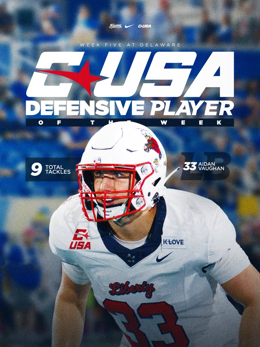 LibertyFootball's tweet photo. stacking honors 🧱

The Flames collected three CUSA Weekly Honors following their victory over Delaware.

📰 https://t.co/B86mu3l4l3 https://t.co/xb3GxLQ1vt