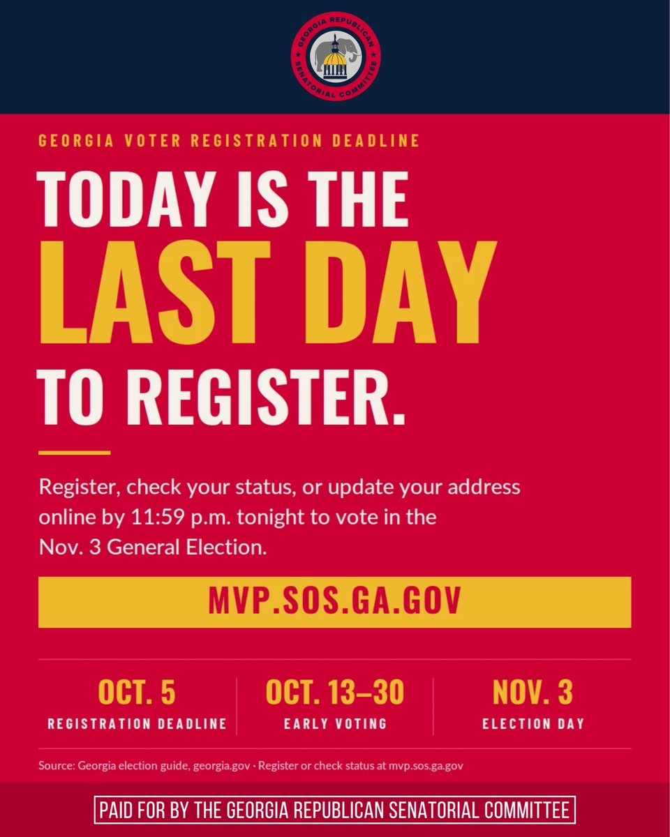GASenateGOP's tweet photo. 🚨It’s the Last Day to Register to Vote🚨

To make sure you’re registered to vote visit: https://t.co/MN6KsV8Ol2

#GASenateGOP #Georgia #VOTE #gapol #news https://t.co/TfxWT7YTVW