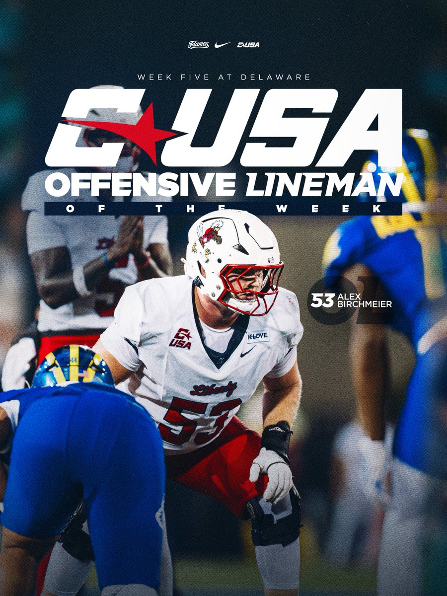 LibertyFootball's tweet photo. stacking honors 🧱

The Flames collected three CUSA Weekly Honors following their victory over Delaware.

📰 https://t.co/B86mu3l4l3 https://t.co/xb3GxLQ1vt